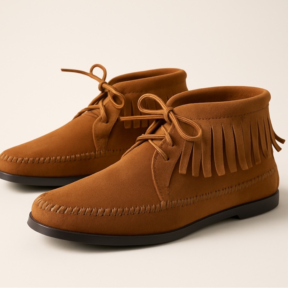 Minnetonka Chestnut Suede Fringe Moccasin Ankle Boots - Picture 5 of 8